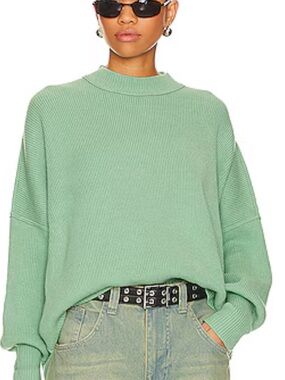 Free People Easy Street Cropped Green Ribbed Crewneck Women's Sweater Sz XS